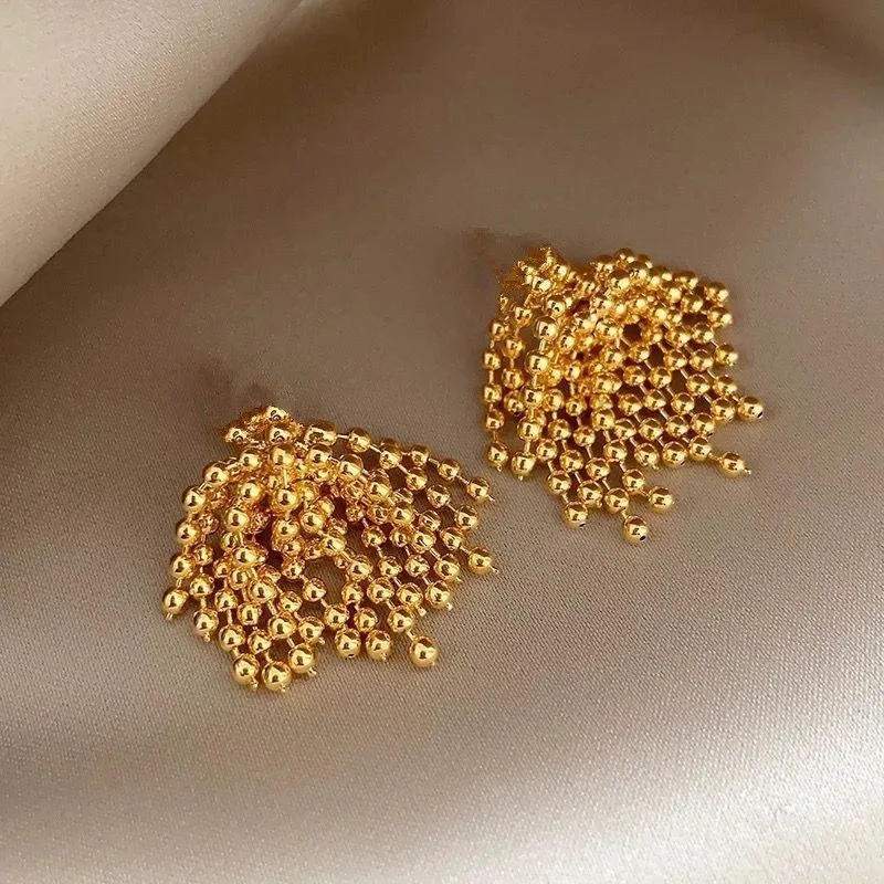 Wholesale Shiny 14K Gold Plated Silver Needle-shaped Firework Ball Stud Tassel Drop Earrings Trendy Copper Jewelry Women Party