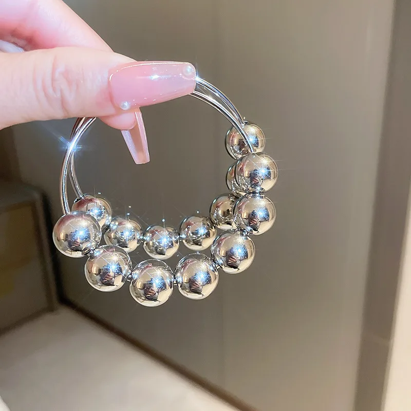 Silver Tone Ball Chain Hoop Earrings for Women Trendy Round Beaded Statement Hoops Shiny Polished Metal Daily Party Jewelry view 3