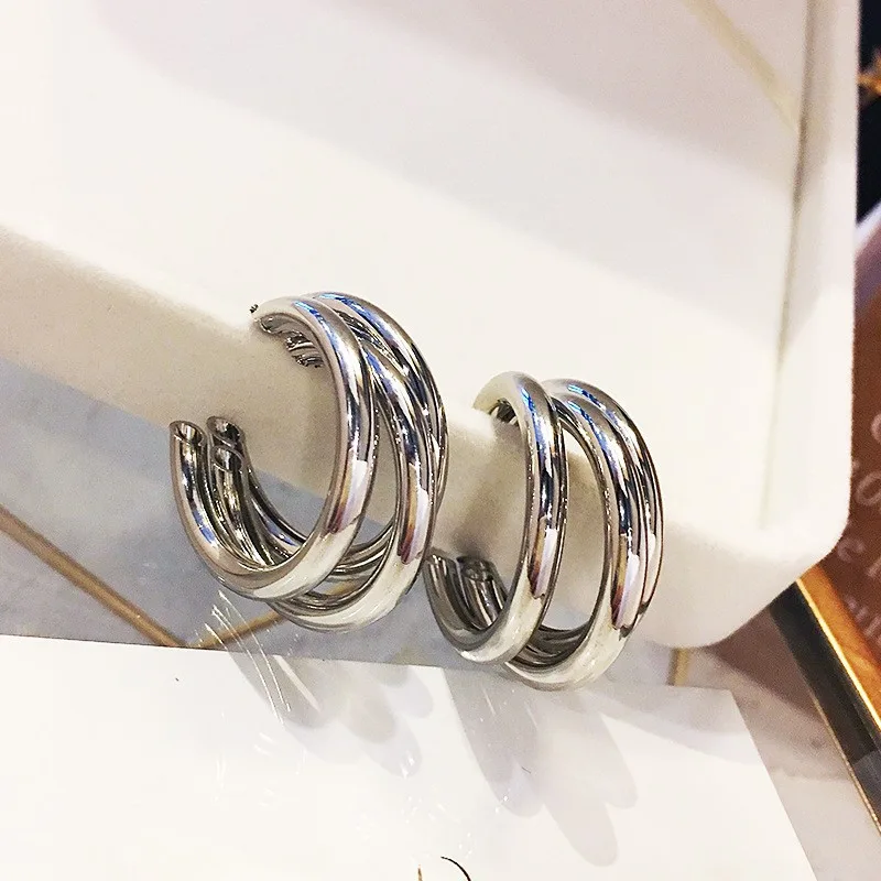Silver Color Triple Hoop Earrings for Women Multi Layer C Shape Open Minimalist Chic Daily Party Wedding Wholesale Hoops Earring