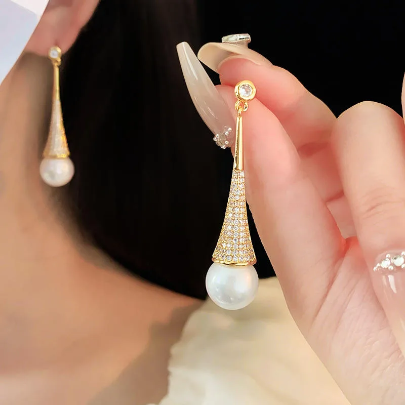 Wholesale Earrings Fashion Long Pearl Drop Earrings Fine Jewelry Geometric Dangle Earrings for Women view 2