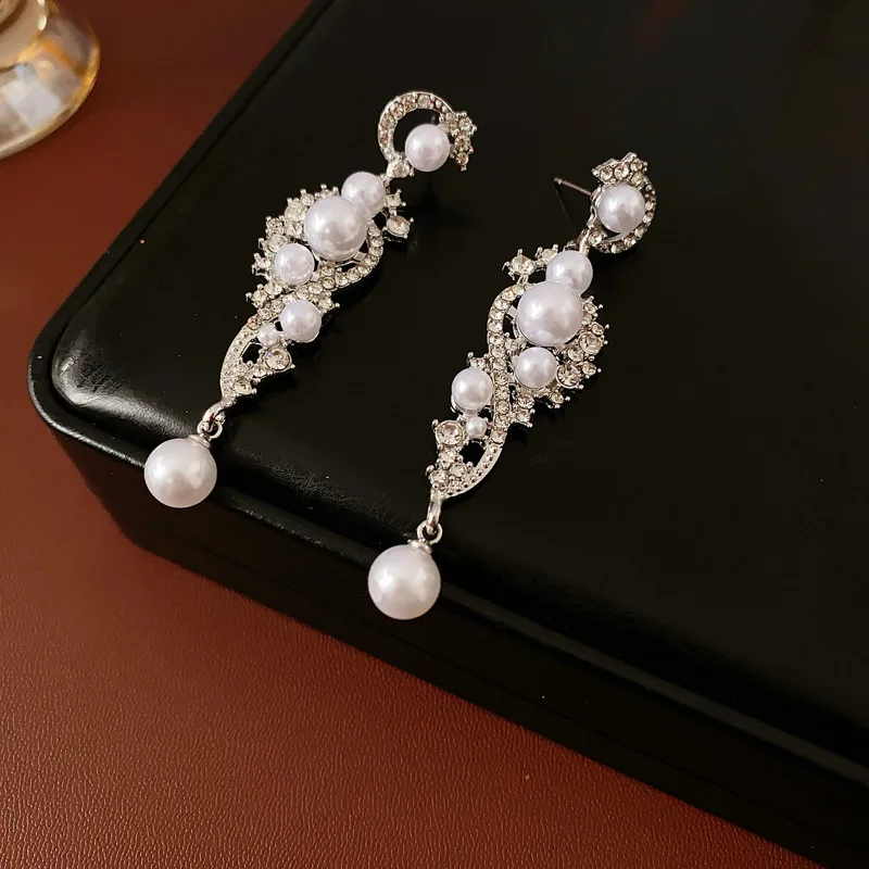 Long Dangle Pearl Earrings for Women Silver Toned Rhinestone Embellished Elegant Luxury Jewelry Perfect for Party Wedding Event