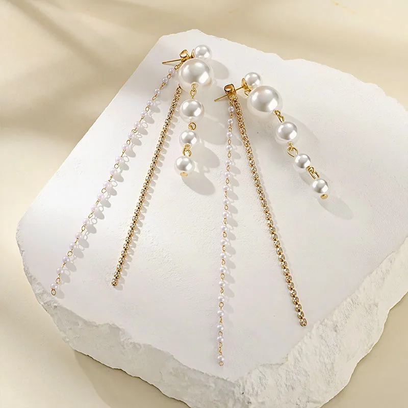 Long Pearl Tassel Drop Dangle Earrings for Women Faux Pearl Zircon Chain Statement Wedding Bridal Elegant Party Fashion Jewelry view 3