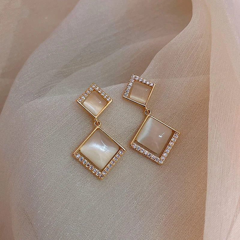 Factory Silver Needle Geometric Opal Diamond Stud Earrings for Women Trendy Korea Style with Gold Plating Wholesale Earrings