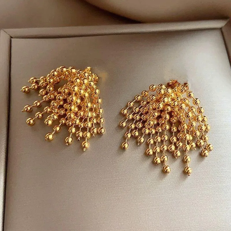 Wholesale Shiny 14K Gold Plated Silver Needle-shaped Firework Ball Stud Tassel Drop Earrings Trendy Copper Jewelry Women Party view 2