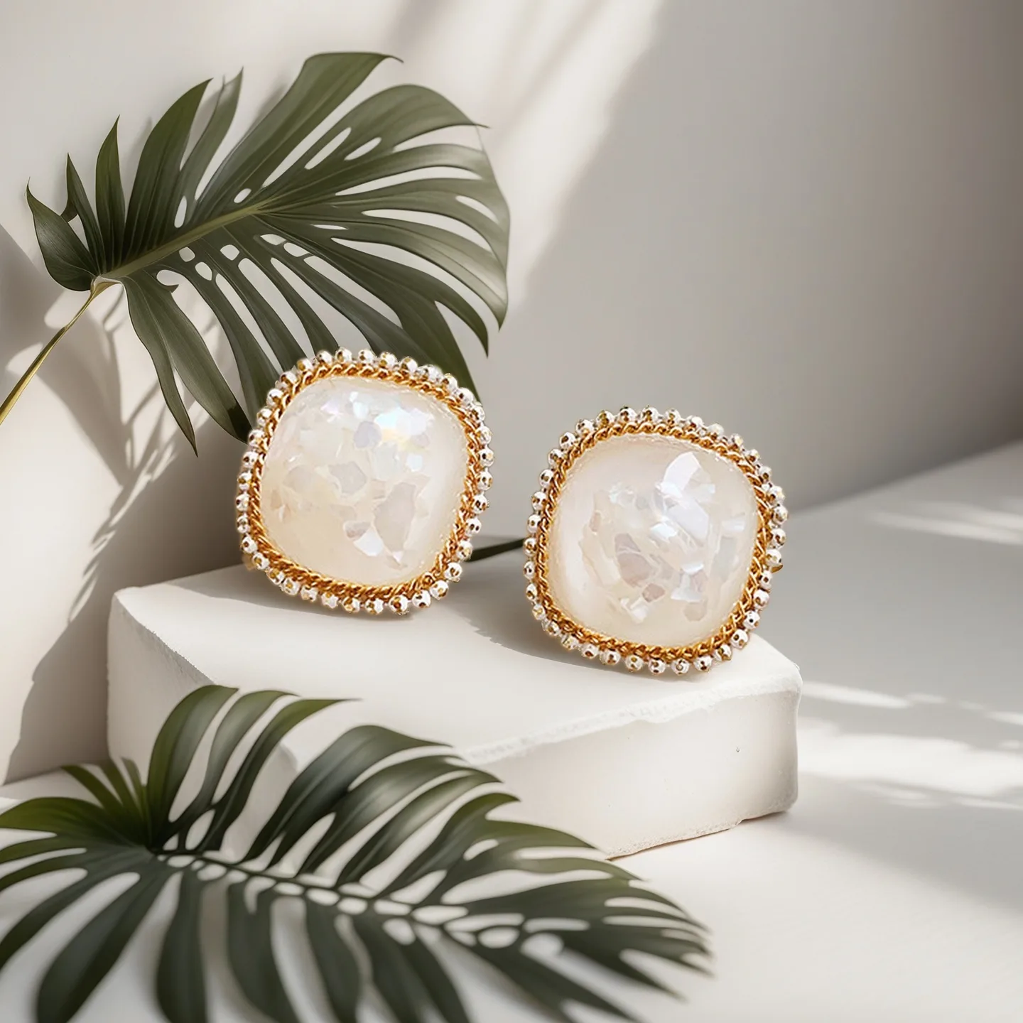 Korean Style Square Stud Earrings with Iridescent Shell Inlay Gold Plated Edge Decor Elegant Women Jewelry for Daily Party Wear view 2