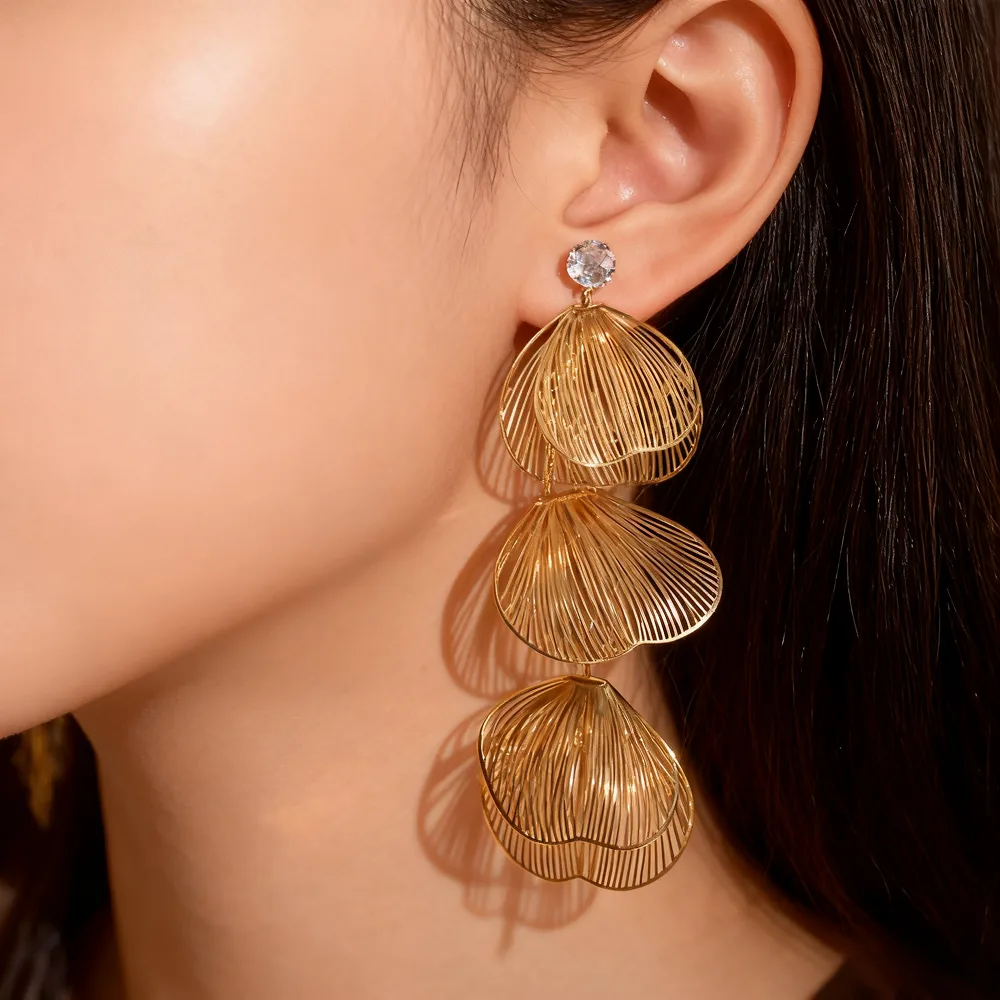Glamorous Gold Tone Layered Leaf Drop Earrings with Sparkling Crystal Statement Jewelry for Women Evening Party view 2