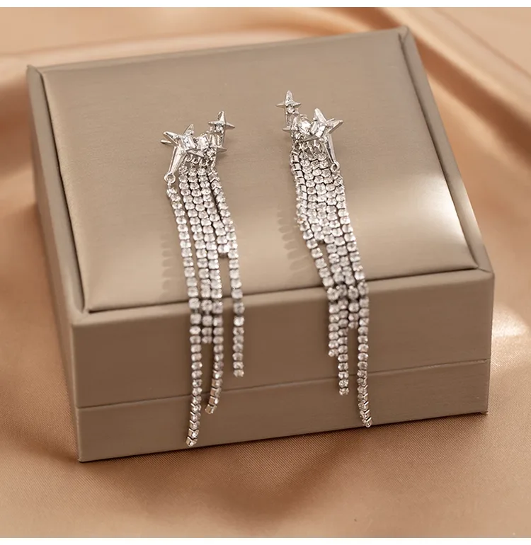Sparkling Star Shaped Tassel Earrings for Women Premium Copper with Zircon Stones Minimalist Luxury Design Long Dangle Tassel view 2