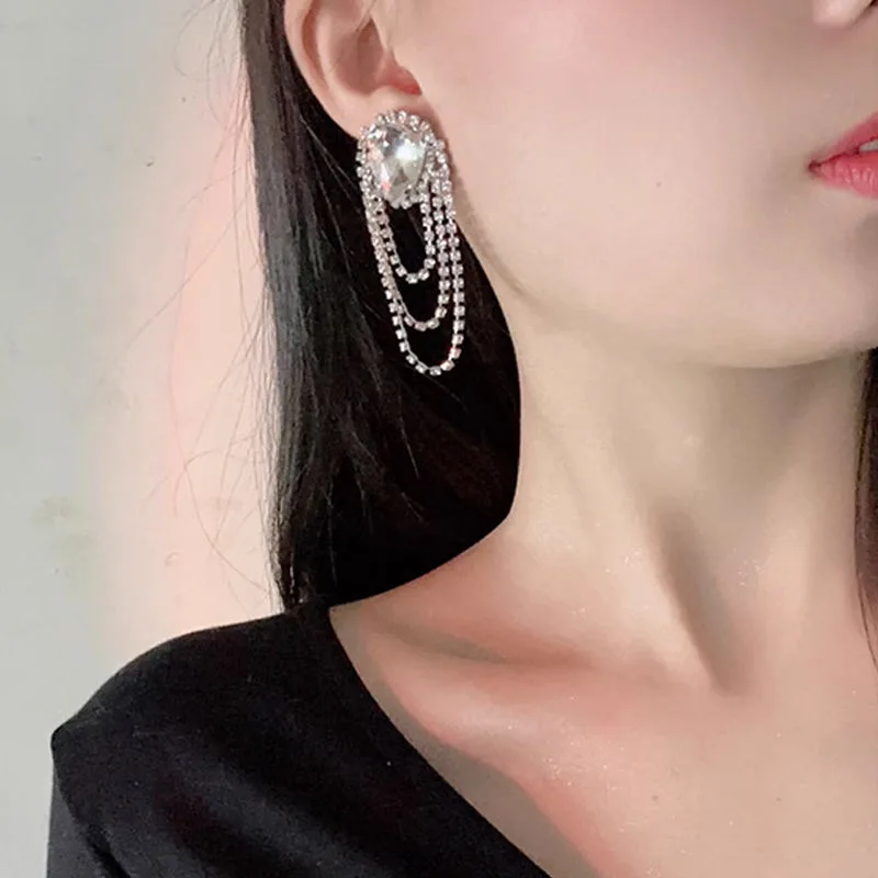 Diamond studded Water Droplet Tassel Exaggerated High-end Fashion Wholesale Stud Earrings for Women view 3