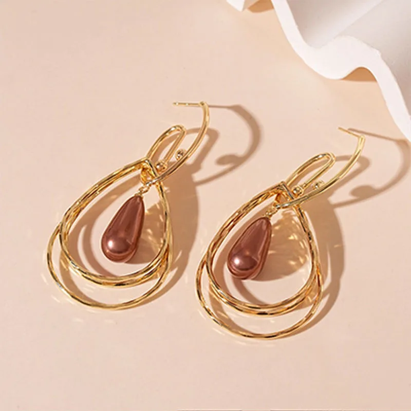 Factory Direct Earrings Fashionable and Elegant Versatile Copper Earrings Exaggerated Multi-layer Oval Drop Pearl Earring Women view 2