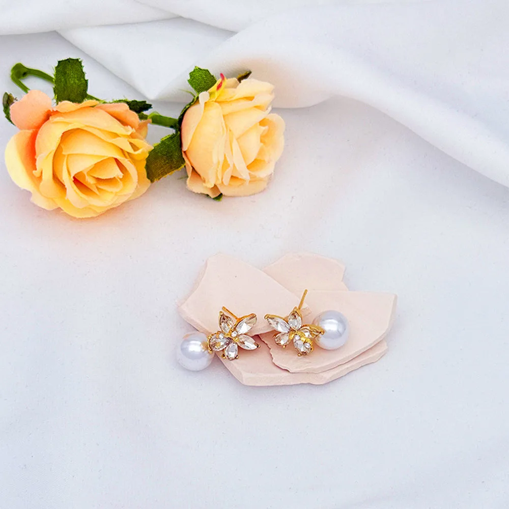 Elegant Flower Shaped Pearl Drop Earrings Sparkling Rhinestones Exquisite Design for Wedding Party Daily Fashion Accessories view 2