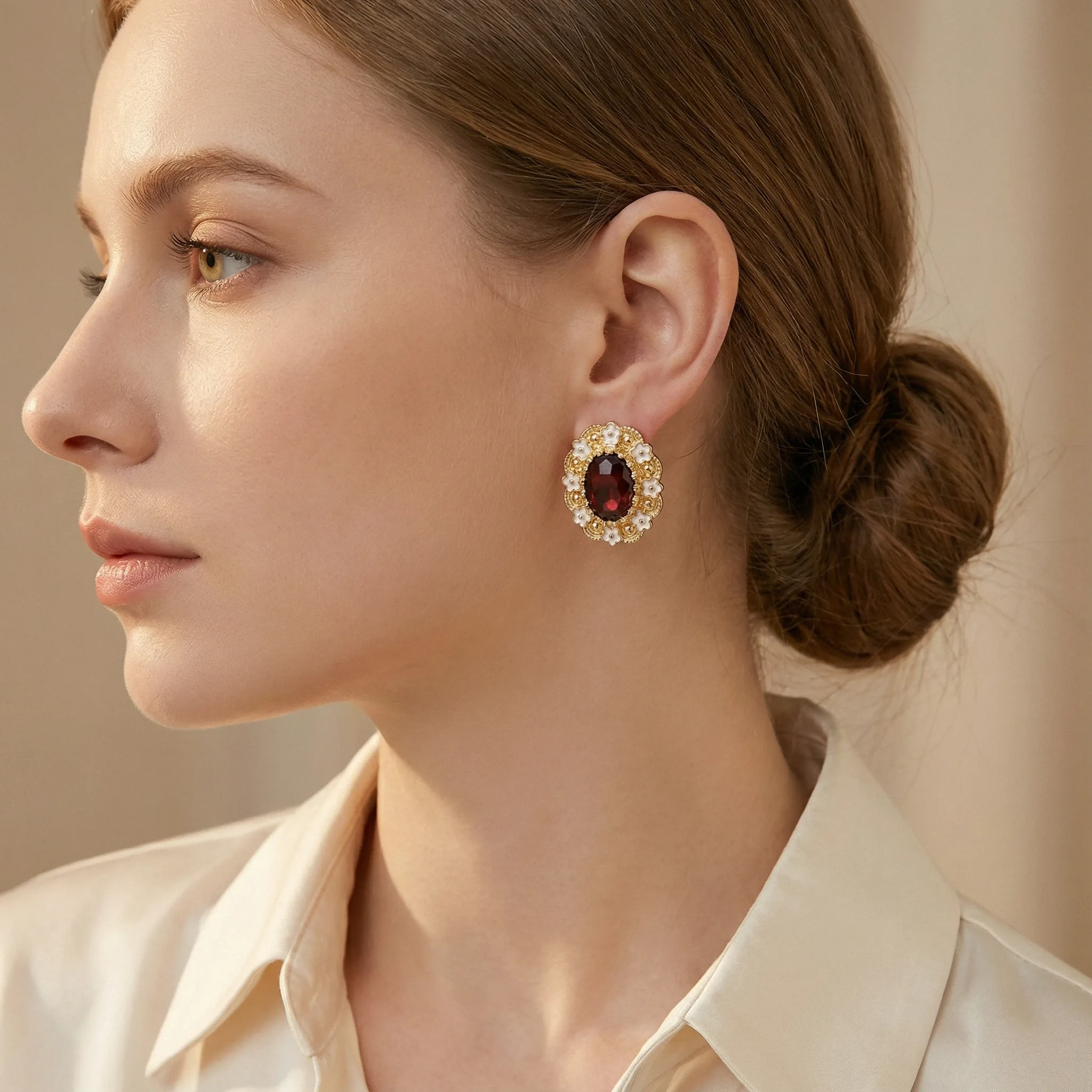 Vintage Silver Needle Dripping Oil Flower Crystal & Rhinestone Oval Stud Earrings Alloy Trendy Gift Women's Jewelry view 3