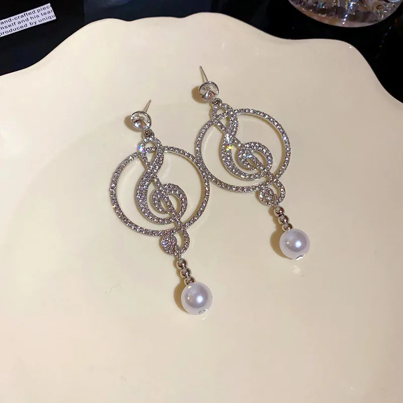 New Arrival Stylish Vintage Alloy Brass Musical Note Drop Earrings for Women Silver-Plated Rhinestone Jewelry