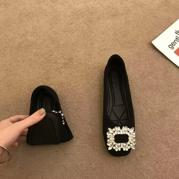 Women Square Toe Flat Slip On Shoes Rhinestone Square Buckle Soft Non Slip Loafers view 2
