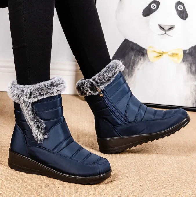 Women Tall Snow Boots With Faux Rabbit Fur Collar Side Zipper Waterproof Warm Casual Ladies Shoes Cross‑Border