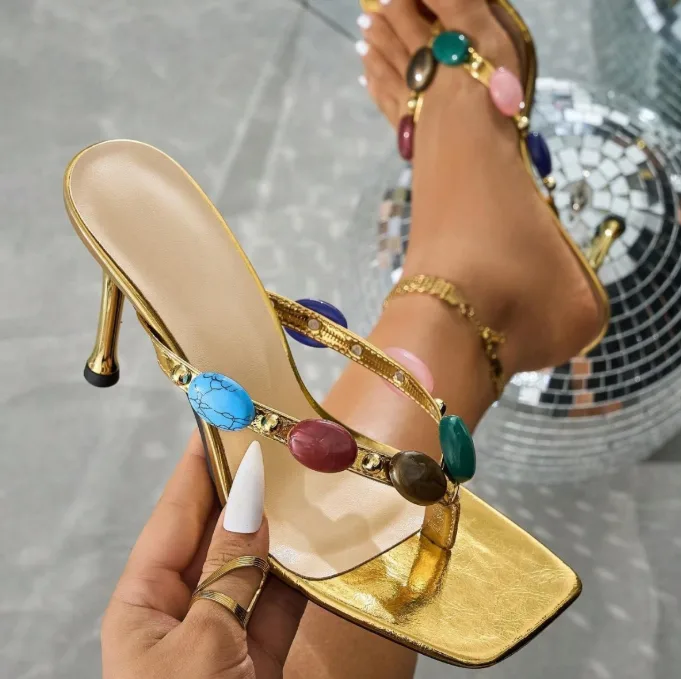 Women Square Toe Gem Decor Thong Strap Thin Heel Sandals Luxury Party Gold High Heels