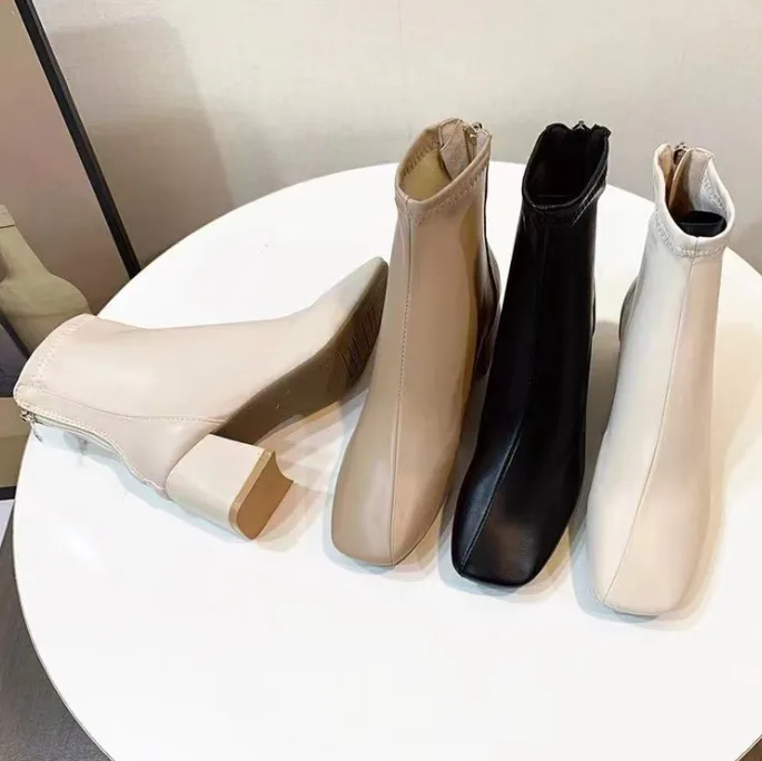 Winter Square Toe Women Ankle Boots Chunky Heel Back Zipper European American Style New Fashion Short Boots