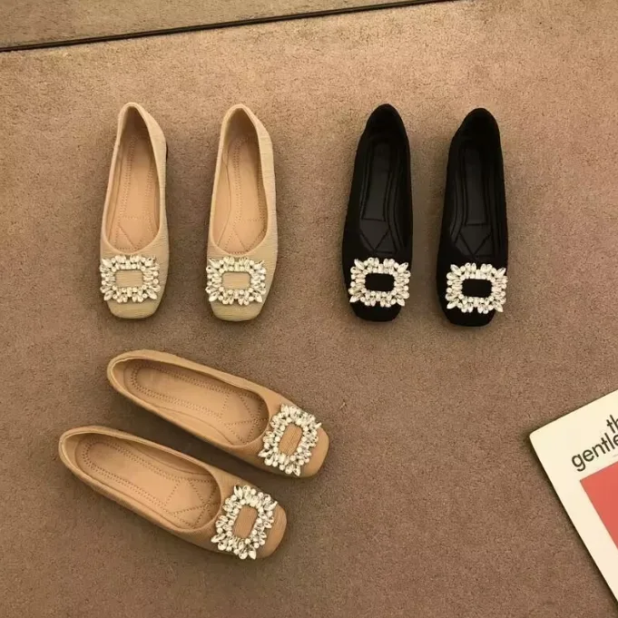 Women Square Toe Flat Slip On Shoes Rhinestone Square Buckle Soft Non Slip Loafers
