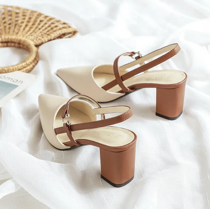 Women Summer New Closed Toe Sandals Fashion Pointed Toe Block Heel Backless High Heels For Dresses