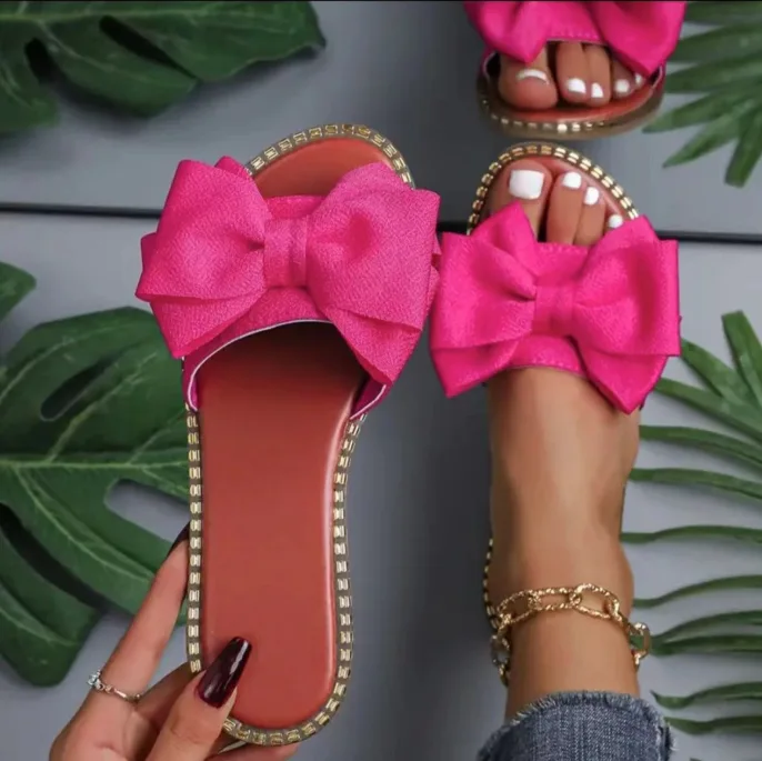 New Flat Rhinestone Bow Slide Slippers Women Outdoor Solid Color Lightweight Cloth Casual Sandals