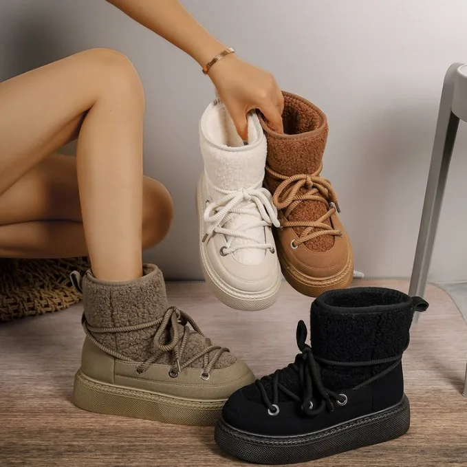 Plus Size Women Thick Sole Cross Strap Snow Boots New Autumn Winter Thickened Mid‑Calf Below‑Knee Warm Women Boots