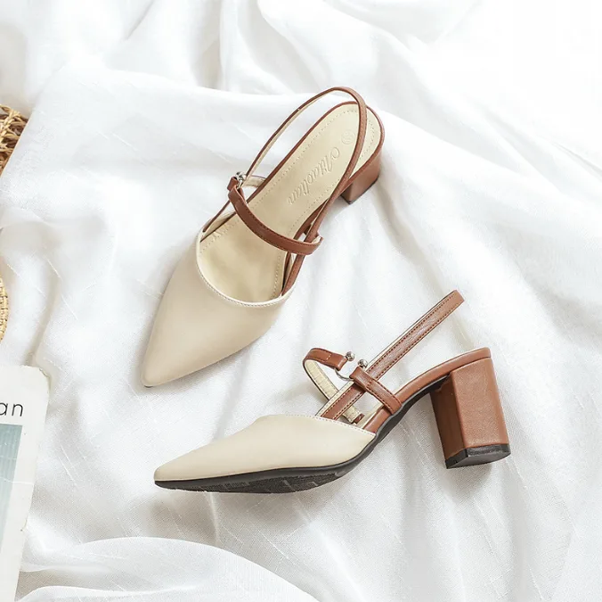 Women Summer New Closed Toe Sandals Fashion Pointed Toe Block Heel Backless High Heels For Dresses view 2