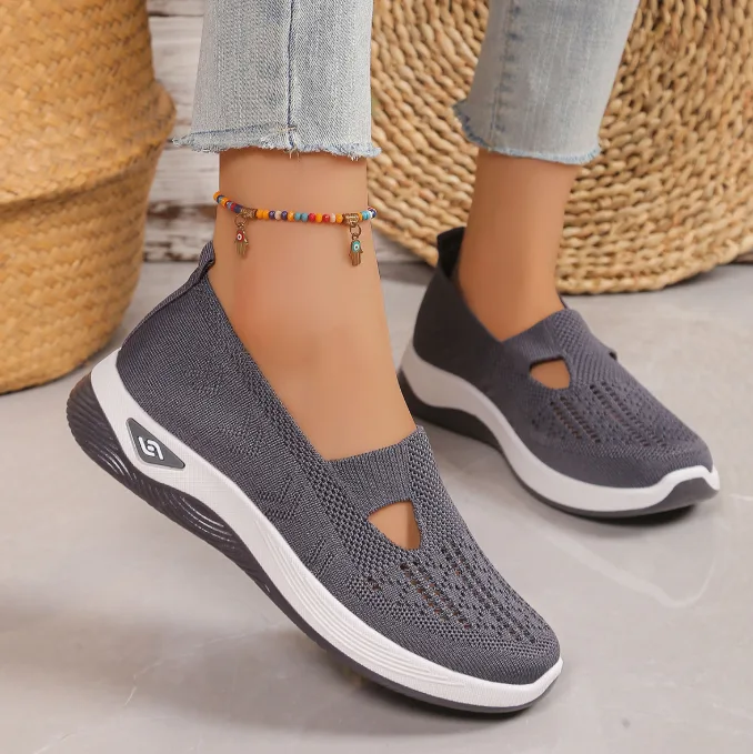 Plus Size Comfortable Women Cloth Shoes Slip‑On Fly Knit Mesh Casual Shoes Mom Shoes