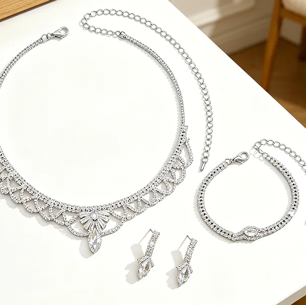 Elegant Hollow Lace Frame Marquise Rhinestone Bib Choker Necklaces Vertical Marquise Drop Earrings Single Row diamond Thin Link Bracelets Women Bridal Wedding Rhinestone Jewelry Sets