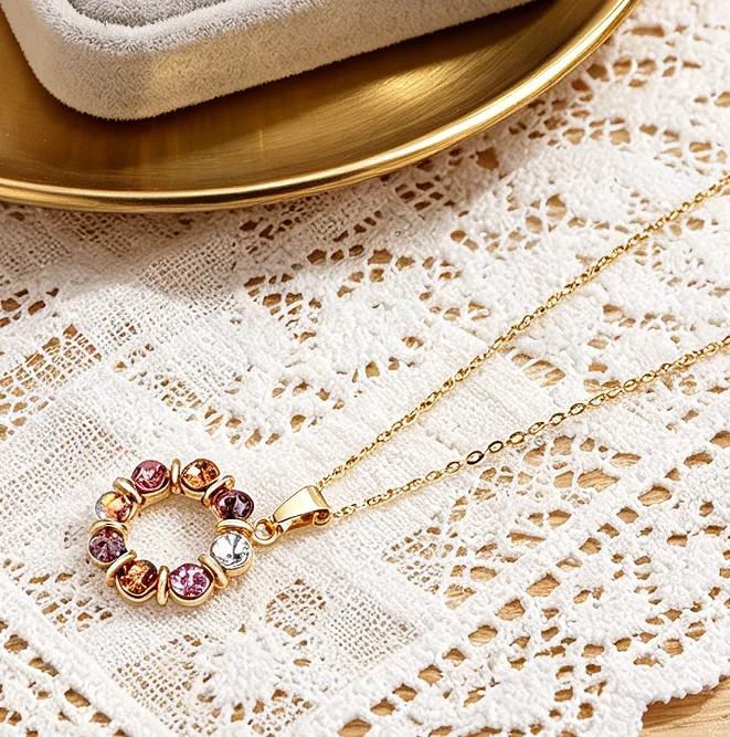 Romantic Multicolor Round Rhinestone Circle Pendant Necklaces Stud Earrings Sweet classic fashion Women Jewelry view 2