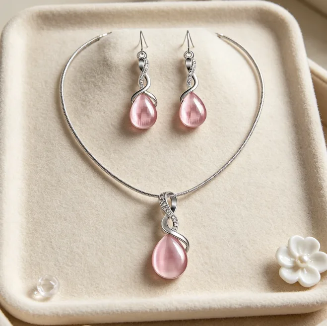 Y2K Pink Teardrop Cabochon Twisted Inlaid Snake Chain Pendant Necklaces Hook Dangle Earrings Charms for Women Gentle Romantic designer inspired Jewelry Sets view 2