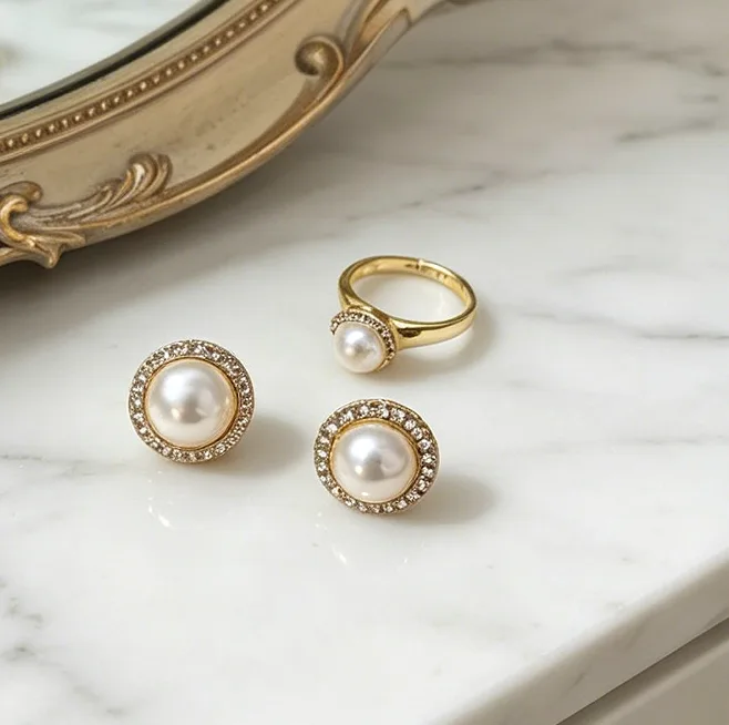 Vintage Elegant Multi Layered Imitation pearl Choker Necklaces Stud Earrings Single Rings Women Bridal gift Jewelry Sets view 2