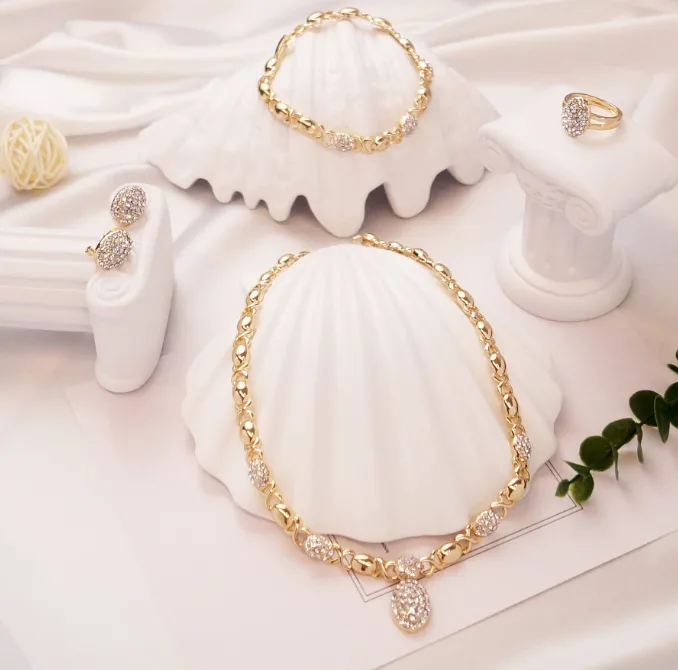 Luxury Interlocking Chain Oval Pave Rhinestone Drop Necklaces Stud Earrings Linked Chain Bracelets Adjustable Rings Women Wedding Banquet Jewelry Sets view 3