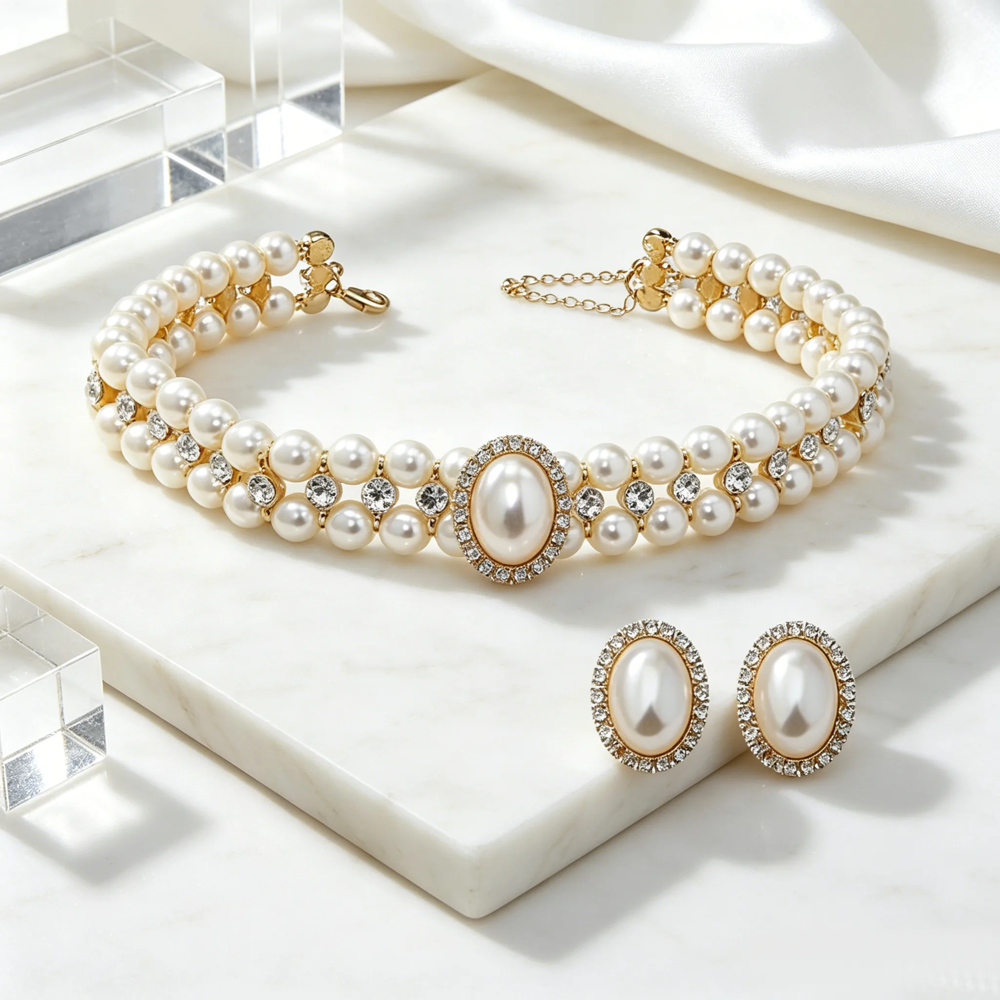 Vintage Multi Row Pearl Choker Necklaces Oval Framed Pearl Stud Earrings Bridal Retro Banquet Jewelry Sets for Women