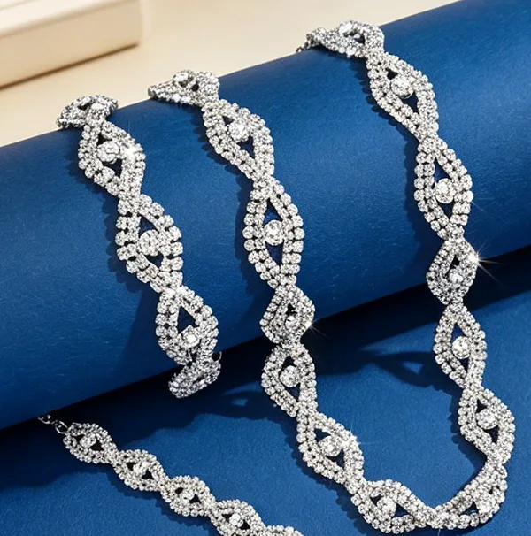 Luxury Twisted Vine Waterdrop Rhinestone Bib Choker Necklaces Teardrop Dangle Earrings Interwoven diamond Link Bracelets Bridal Wedding fancy Jewelry Sets for Women view 2