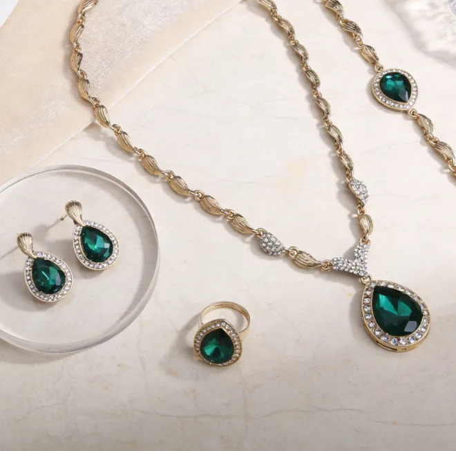Emerald Tone Teardrop Halo Collar Necklaces Drop Earrings waterdrop Charms ring bracelet Wedding Banquet Jewelry for women set view 2