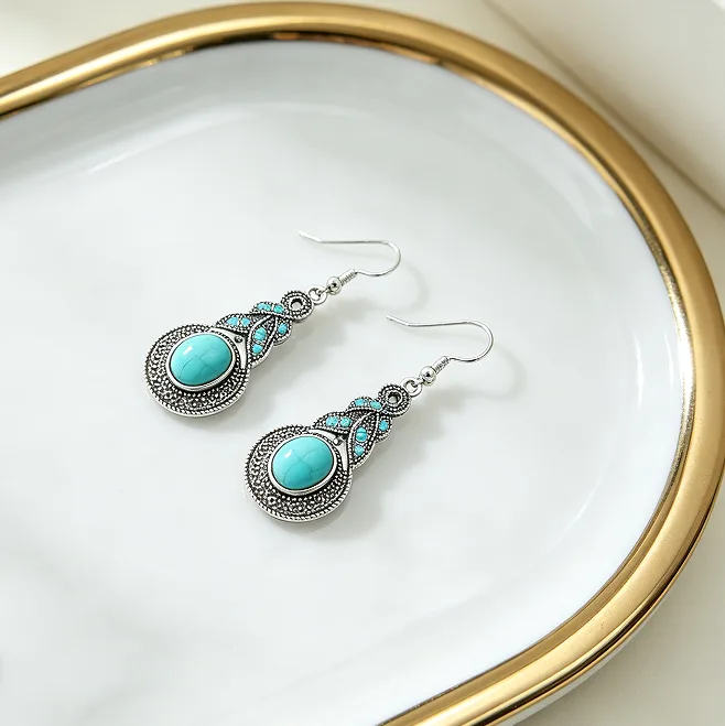 Vintage Hollow Filigree Leaf Shape Teardrop Inlaid Pendant Adjustable Extension Chain Turquoise Necklaces Long Hook Dangle Ear Drops Women Boho Vacation Elegant Jewelry Sets view 3