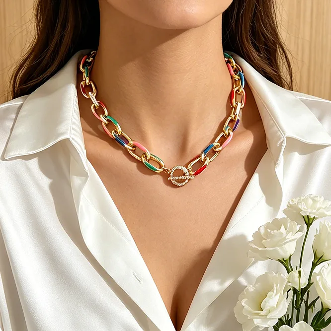 Hip Hop Colorful Enamel OT Clasp Chain Necklace Bracelet Trendy Chunky Link Daily Party Women Statement designer inspired jewelry sets view 3