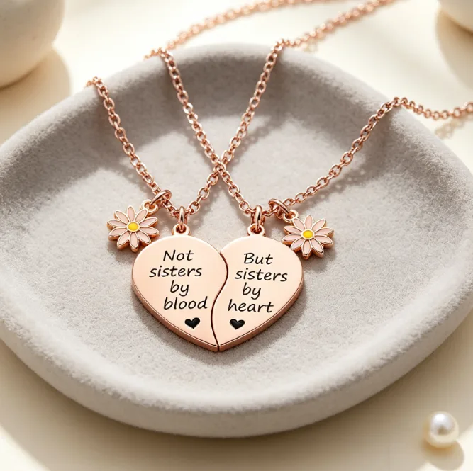 2-Split Heart Engraved Pendant Necklaces Mini Pink Daisy Enamel Charms Best Friend Sister Couple Friendship women Jewelry Sets view 3