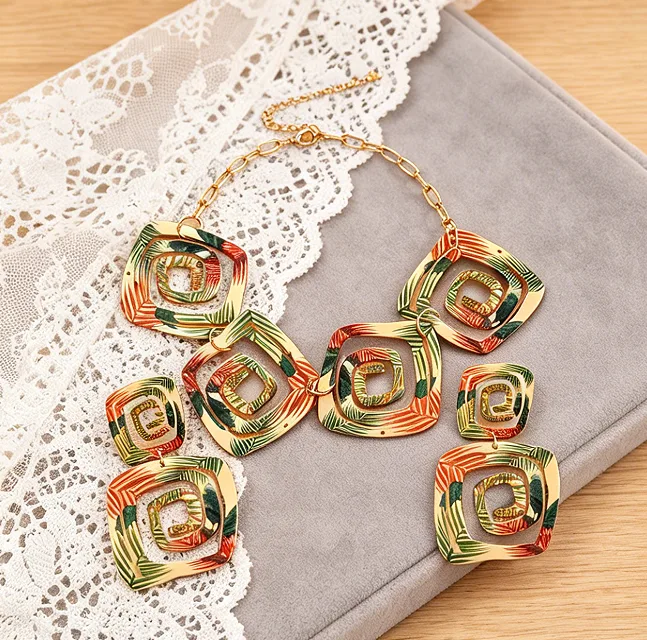 Exaggerated colorful Gradient Geometric Square Layered Necklaces Pattern Drop Earrings Trendy Party Women Statement Jewelry Sets