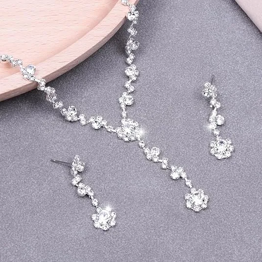 Tiny Floral Round Wreath Rhinestone Waterdrop Y Pendant Necklaces Drop Dangle Earrings Jewelry Sets for Women Daily party Wear