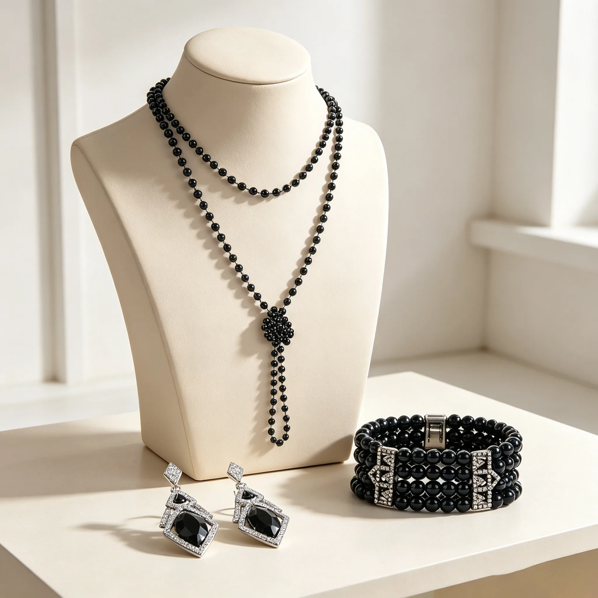 Trendy Gothic style Round Imitation Pearl Short black beaded long Necklaces bracelet Dangle Earrings Matching Jewelry Sets For Ladies women view 2