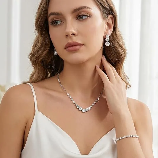 Elegant Pave Clear Rhinestone V-Shaped Pendant Necklaces Three Round Stone Drop Earrings Tennis Rhinestone Link Bracelets Women Wedding Banquet Gift Jewelry Sets view 3
