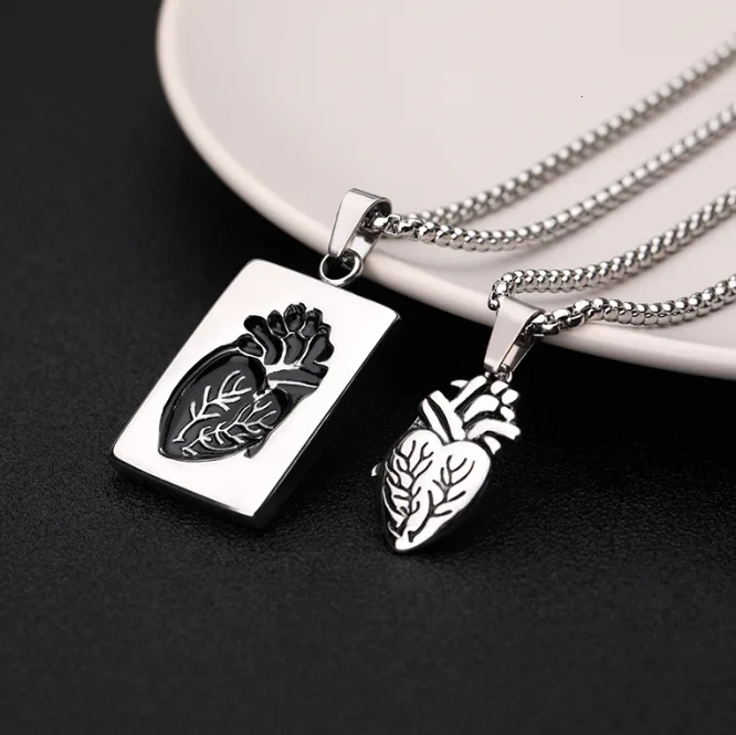 Rock Punk Anatomical Heart Pendant Couple Necklaces Square Tag Heart Shape Chain Trendy Gothic for Lovers men women Jewelry view 2