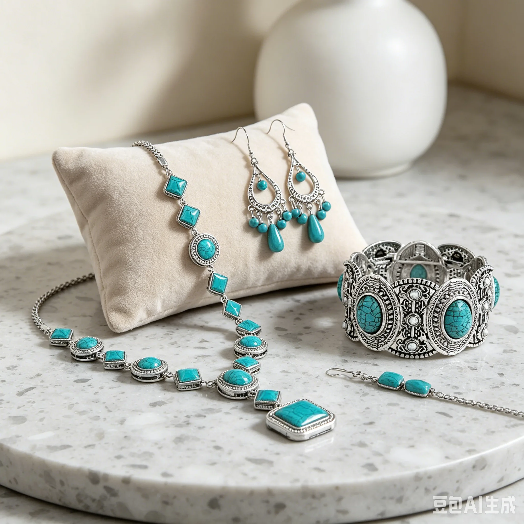 Boho Vintage Multi Shape Turquoise Stone Pendant Necklaces Teardrop Tassel Drop Earrings Embossed Hollow Wide Bangles Women Holiday Party Jewelry Sets