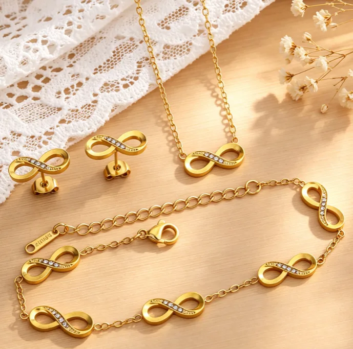 Anti Tarnish Stainless Steel Shiny Zircon Infinity Symbol Necklaces Bracelets Stud Earrings Waterproof Dainty Long Lasting Women Jewelry Sets
