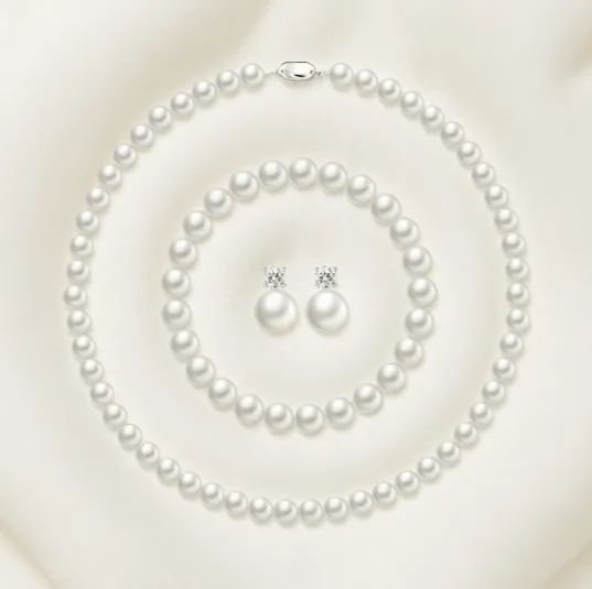 Classic Round white Imitation Pearl Necklaces Rhinestone Earrings fashion Bracelets for Women mother day gift Jewelry Sets