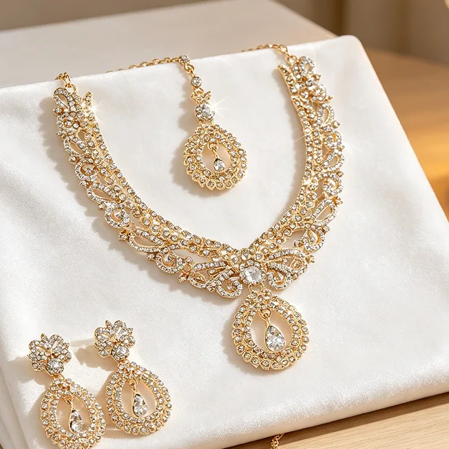 Luxury Teardrop Rhinestone Bridal Choker Necklaces Drop Earrings Forehead Chain Elegant Wedding Banquet Jewelry for Women