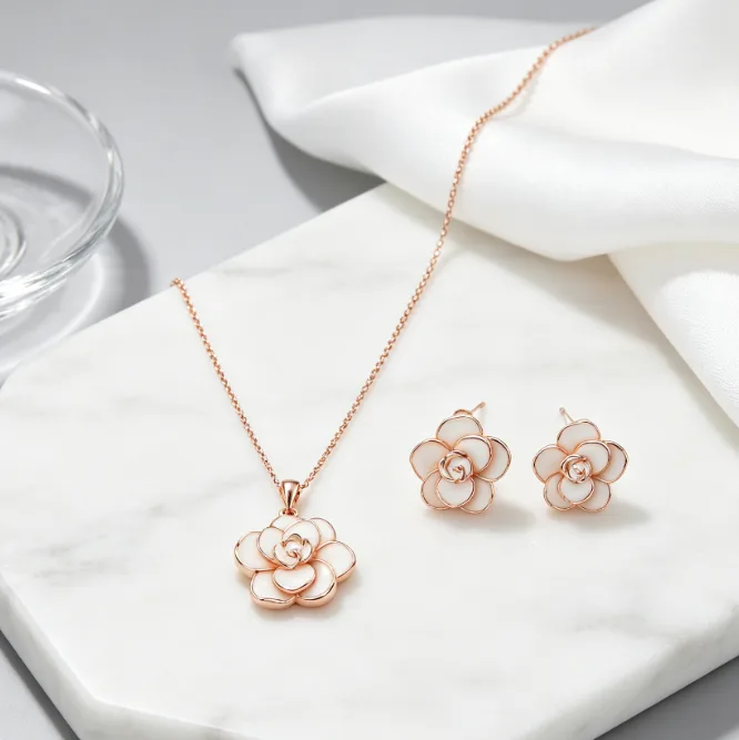 Elegant Enamel Rose Flower Pendant Thin Chain Necklaces Matching Layered Petal Rose Floral Stud Earrings Women Daily Dating Sweet Floral Jewelry Sets