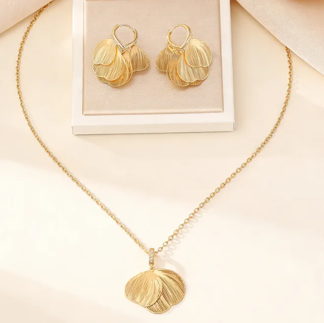 24K Gold Plated Copper Butterfly Leaf Pendant Necklaces Multi Layer Petal Drop hoops Earrings Minimalist Elegant Women Statement Jewelry view 3
