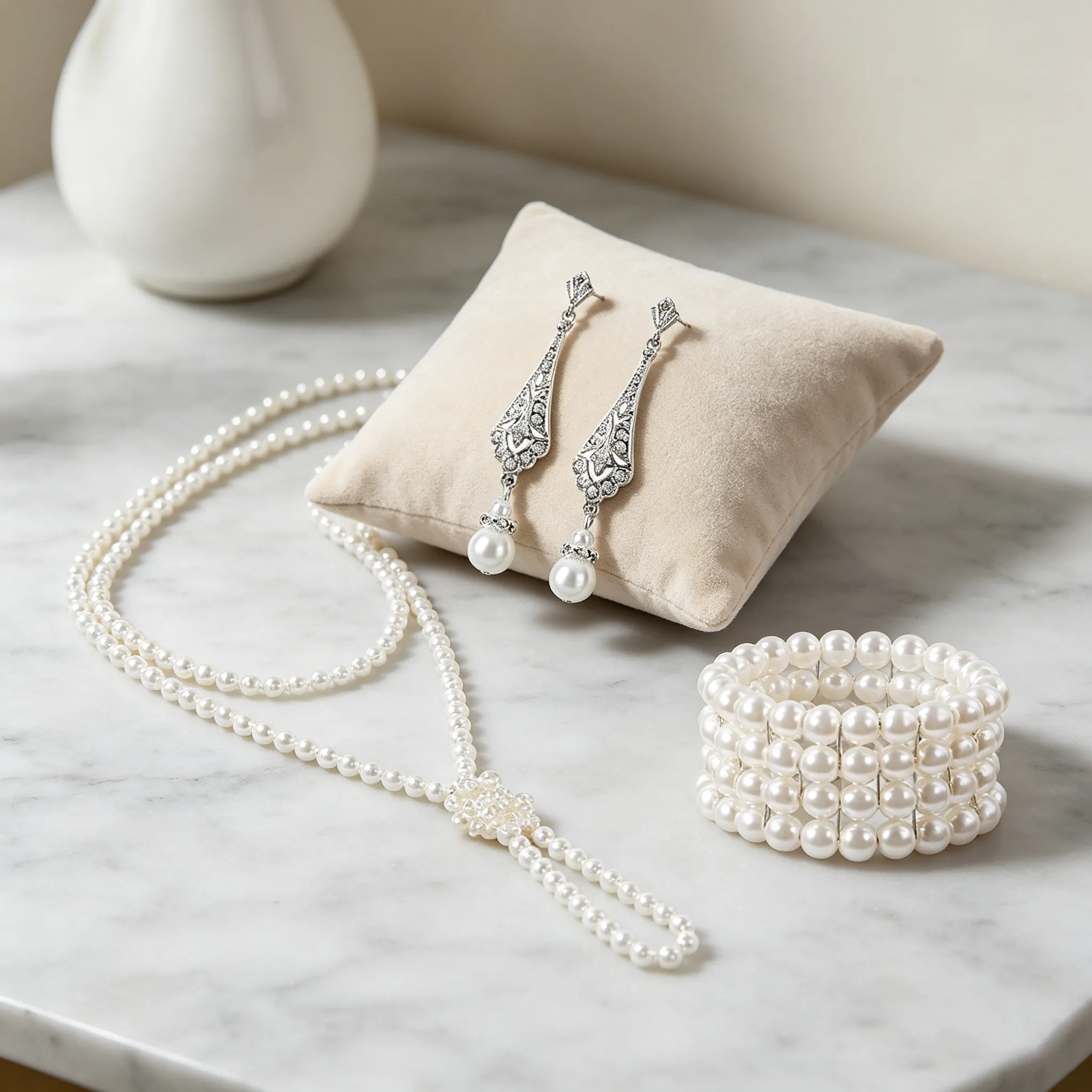 Classic Multi Strand Round Imitation Pearl Beaded Necklaces Rhinestone Accent Pearl Drop Earrings Wide Pearl Bangles Jewelry Sets For Women wedding gift view 2