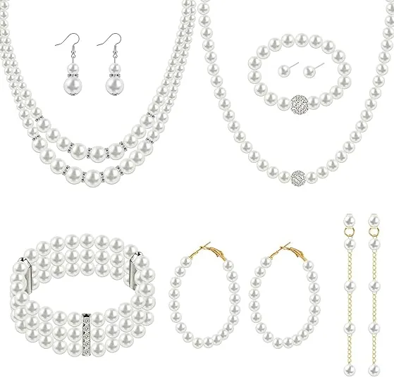 Fashion Multi Tier Pearl Tassel Necklaces Varied Length Pearl Drop Earrings Wide Row Pearl Link Bracelets Women Stack Jewelry Sets for gift